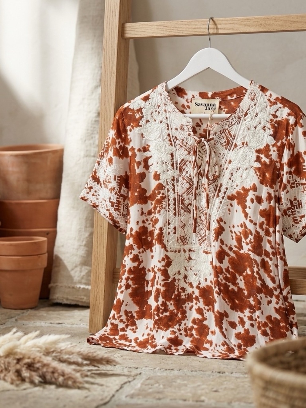 Savanna Jane Rust and Cream Embroidered Tie-Neck Blouse